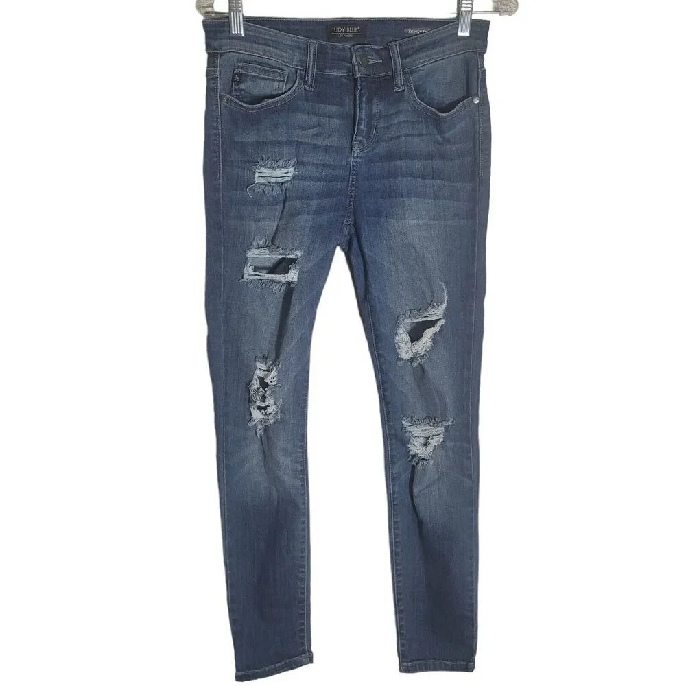 Judy Blue Skinny Fit‎ Blue Jeans Women's Size 7 / 28 Distressed Stretch Grunge